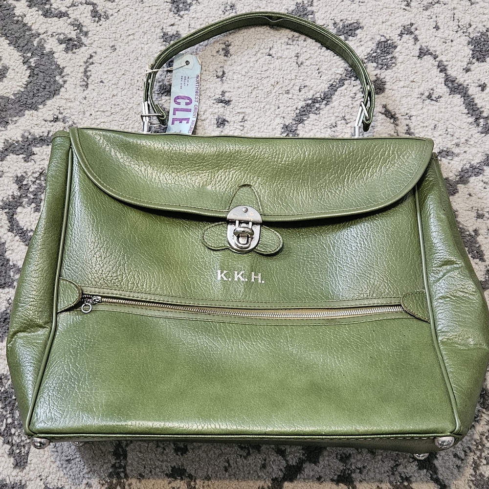 Vintage 1960s Green Leather Ventura Travelwear Carry On Monogram Bag